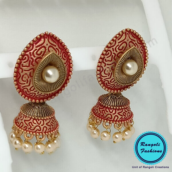Jhumka Motiwork Stonework Red Color Side View